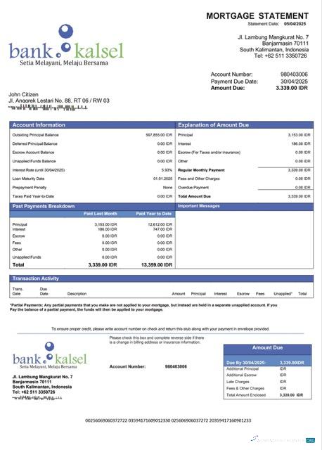 Download Indonesia Bank Kalsel mortgage statement Word and PDF template Photoshop template